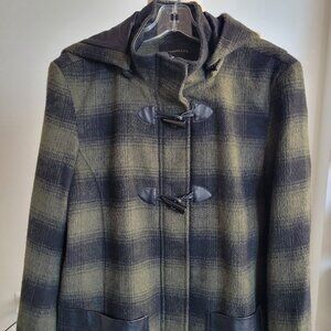 LAST CALL -Weatherproof Green Plaid Vegan Leather Mid Length Coat (Size: L)